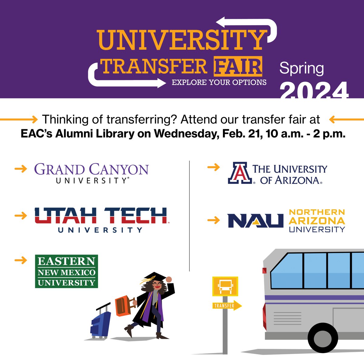 Students of EAC, don't miss out! Explore new horizons today at the University Transfer Fair at our library, from 10am - 2pm. Find your future! #EACTransferFair #ExploreColleges #TransferStudents