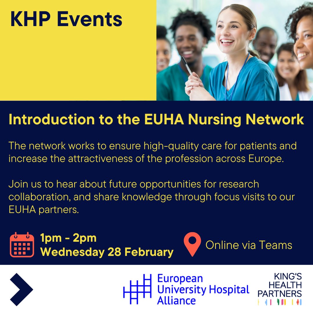 It's one week until the Introduction to the European University Hospital Alliance (EUHA) Nursing Network event for King's Health Partners 🗓️. 

If you're interested in research collaboration opportunities this is a great place to get started. Register: lnkd.in/gAK4hyVS