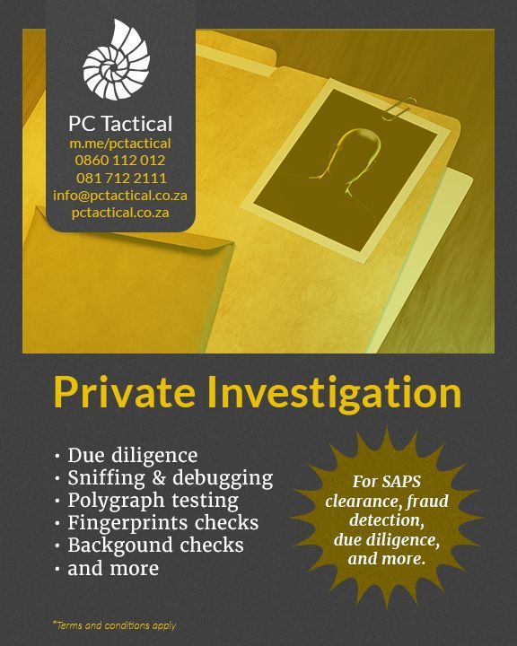 Contact us for fraud detection and private investigations services 🚩Sniffing 🚩 Debugging 🚩 Polygraph testing 🚩 Finger print checks 🚩 Background checks for SAPS clearance, insurance investigations, business intelligence and more #privateinvestigations #SouthAfrica #security