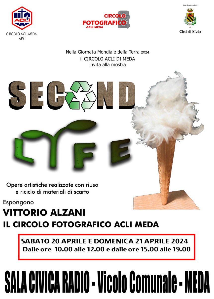 Circolo Acli Meda (@aclimeda) on Twitter photo Invito all'esposizione di opere d'arte da riciclo: "Second Life" ♻️🎉 #circolofotograficoaclimeda
<a href="/aclilombardia/">ACLI Lombardia APS</a> <a href="/ACLIMilanoeMB/">ACLI MILANESI</a> Invito all'esposizione di opere d'arte da riciclo: "Second Life" ♻️🎉 #circolofotograficoaclimeda
<a href="/aclilombardia/">ACLI Lombardia APS</a> <a href="/ACLIMilanoeMB/">ACLI MILANESI</a>