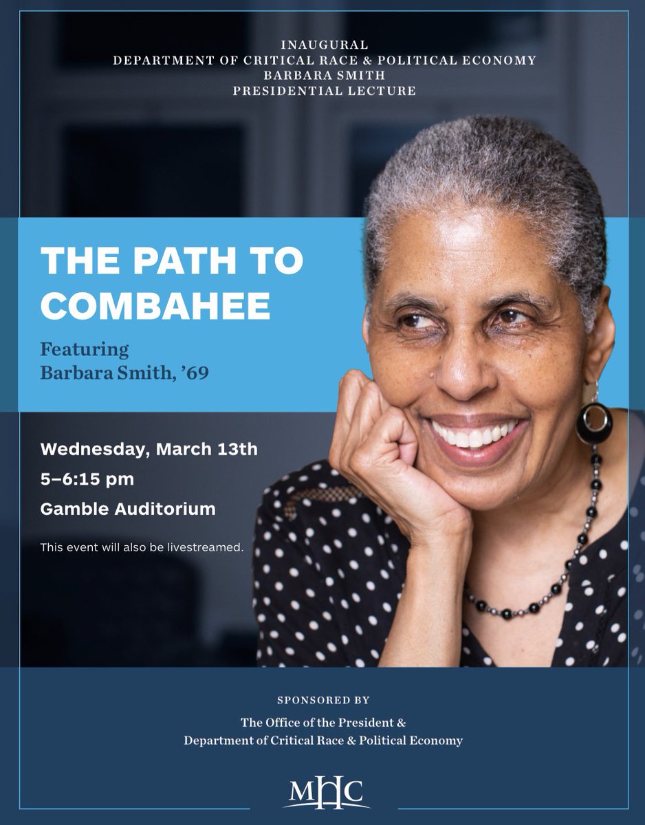 Mount Holyoke College has named an annual Presidential Lecture after Barbara Smith, our 2023 Hess Scholar. She will deliver the inaugural lecture on March 13th. We are thrilled! @TheBarbaraSmith