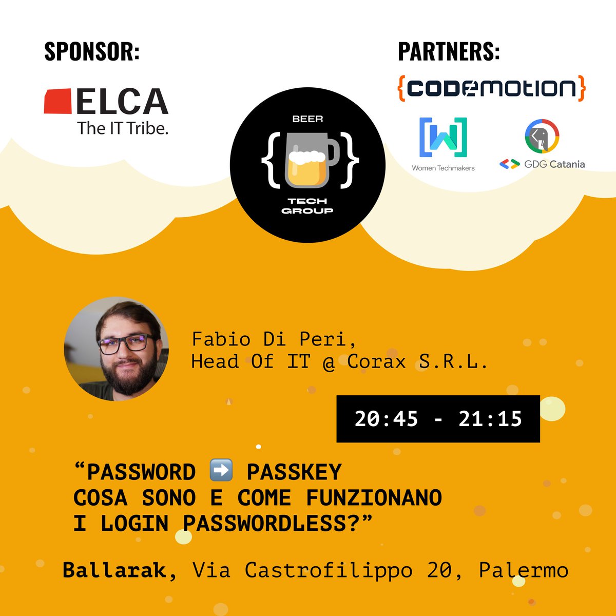 BeerTechGroup's tweet photo. 🚀 È oggi! Tech&amp;Beer #5 parte stasera alle 19:00, Ballarak, Palermo. Non vediamo l'ora di vedervi stasera per condividere insieme questa esperienza unica. 🍻  Grazie a Elca, @CodemotionIT, @gdgcatania per il supporto. https://t.co/olUrCcjyyw