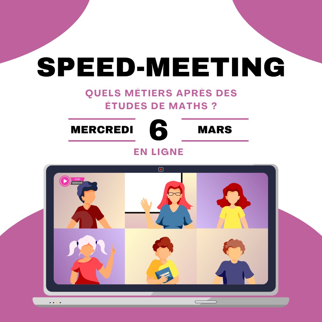 FillesEtMaths's tweet photo. 🌟 Appel à toutes les lycéennes !
💡 Participez au speed-meeting en ligne organisé par @femmesetmaths le mercredi 6 mars à 17h30 !
💼 Rencontrez des femmes inspirantes &amp; échangez sur votre passion pour les maths et/ou l'informatique.
🔗 Pour vous inscrire: https://t.co/yc7bt0qyUO https://t.co/YhCEKvZP7O