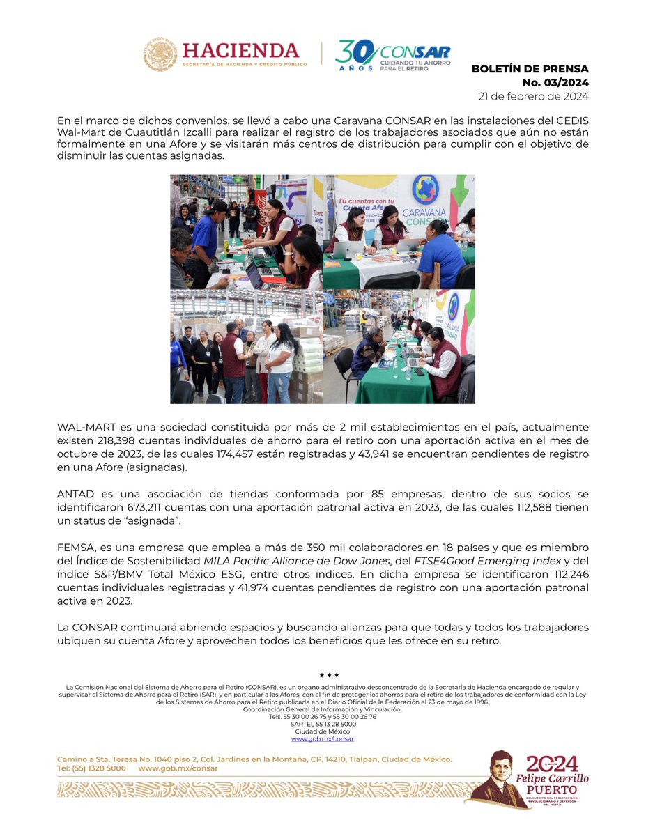 CONSAR_mx's tweet photo. 🟢 La #CONSAR firma Convenios de Colaboración con @bienestarmx, @ANTADMx, @FEMSA y @WalmartMexico para promover una mayor cultura previsional, inclusión financiera y registro de trabajadores en una #Afore. 

🟢 Conoce más en nuestro #BoletínDePrensa: https://t.co/yA3TVpujiG https://t.co/bMZz4uDzSE