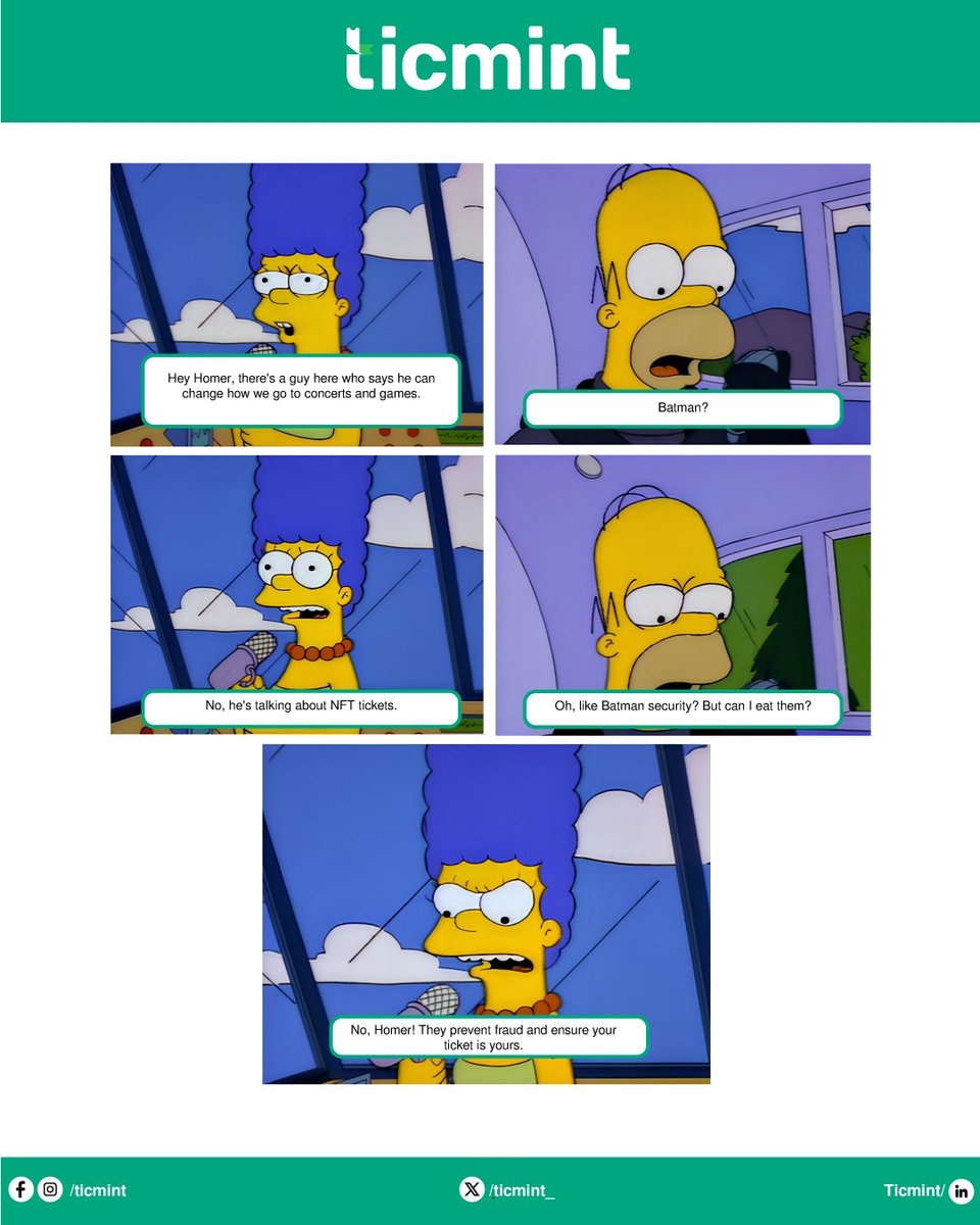 🤬 When Homer misunderstands NFT tickets... 😅 Don't be like Homer, understand the power of blockchain technology in ticketing! 💥

➡️ ticmint.com

#nfttickets #blockchaintech #ticketinginnovation #avoidmisunderstandings #securetickets #ticmint