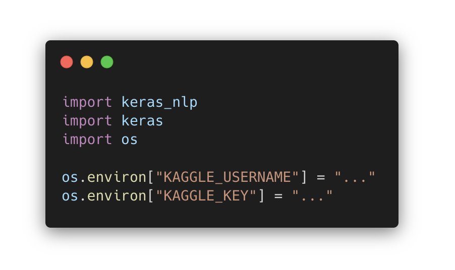 Thread: quick API overview of Gemma, the new open-source LLM by Google. First, let's make sure you have the latest Keras and KerasNLP installed, and let's set up your Kaggle credentials, so you can download the assets from Kaggle.