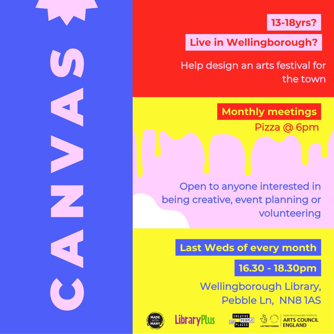 STARTING NEXT WED for Wellingborough's 13-18 year-olds! Join us in shaping an upcoming arts festival, and dive into discussions on what matters to you, all while getting creative and developing new skills. Fresh pizza at 6 pm!🍕bit.ly/MWMcanvas