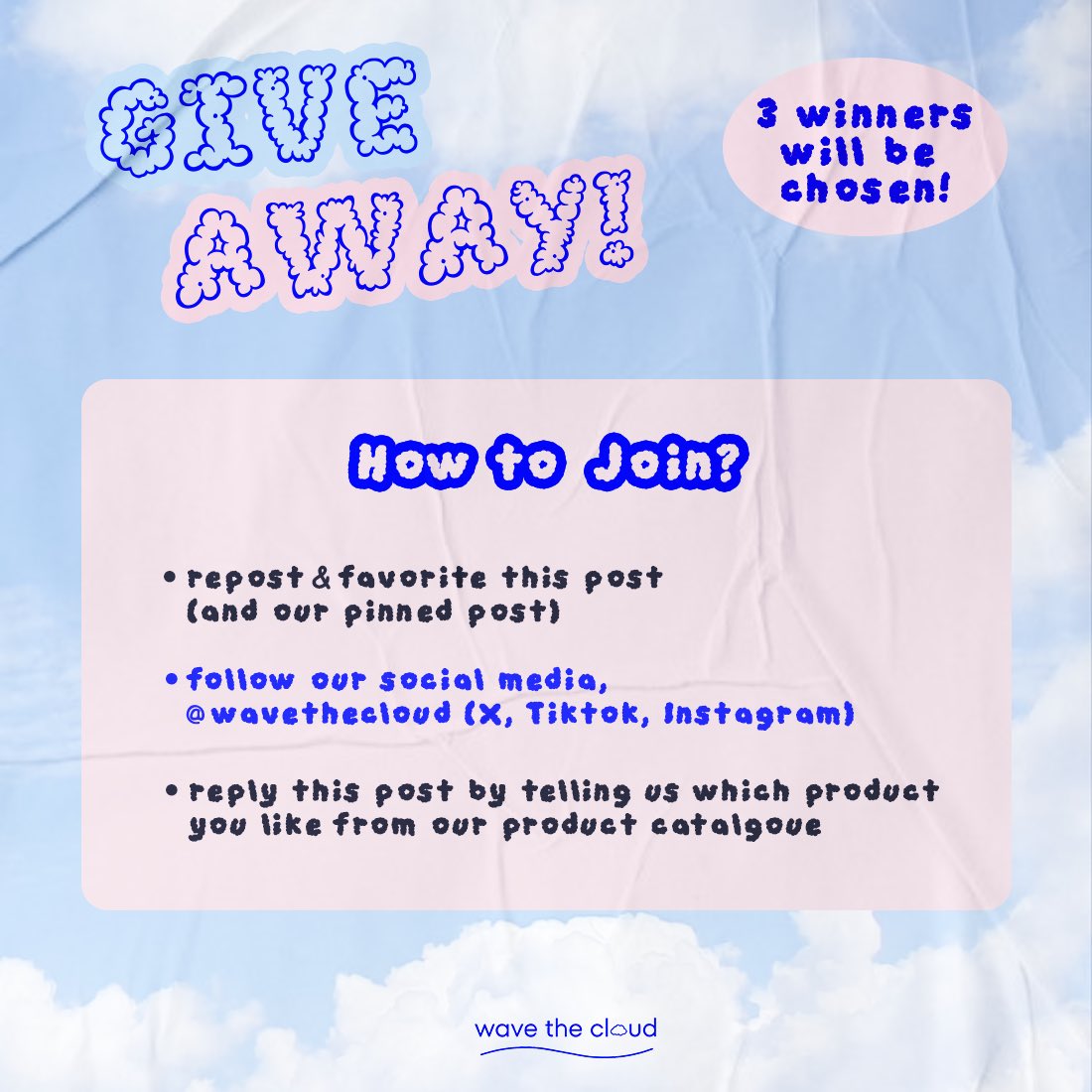 wavethecloud's tweet photo. ☁️ GIVE AWAY! ☁️ 

✨ Prizes : 3 sets Fan Merch (on pic)

📍 INA 🇮🇩 Only

🌀 3 WINNERS will be chosen
🌀 Repost &amp; Like this post (+ our pinned)
🌀 Follow our social media
🌀 Reply this post by telling us which product you like from our product catalgoue🤩

📆 Ends: 24th Feb 2024 https://t.co/7qgEhvq6H3