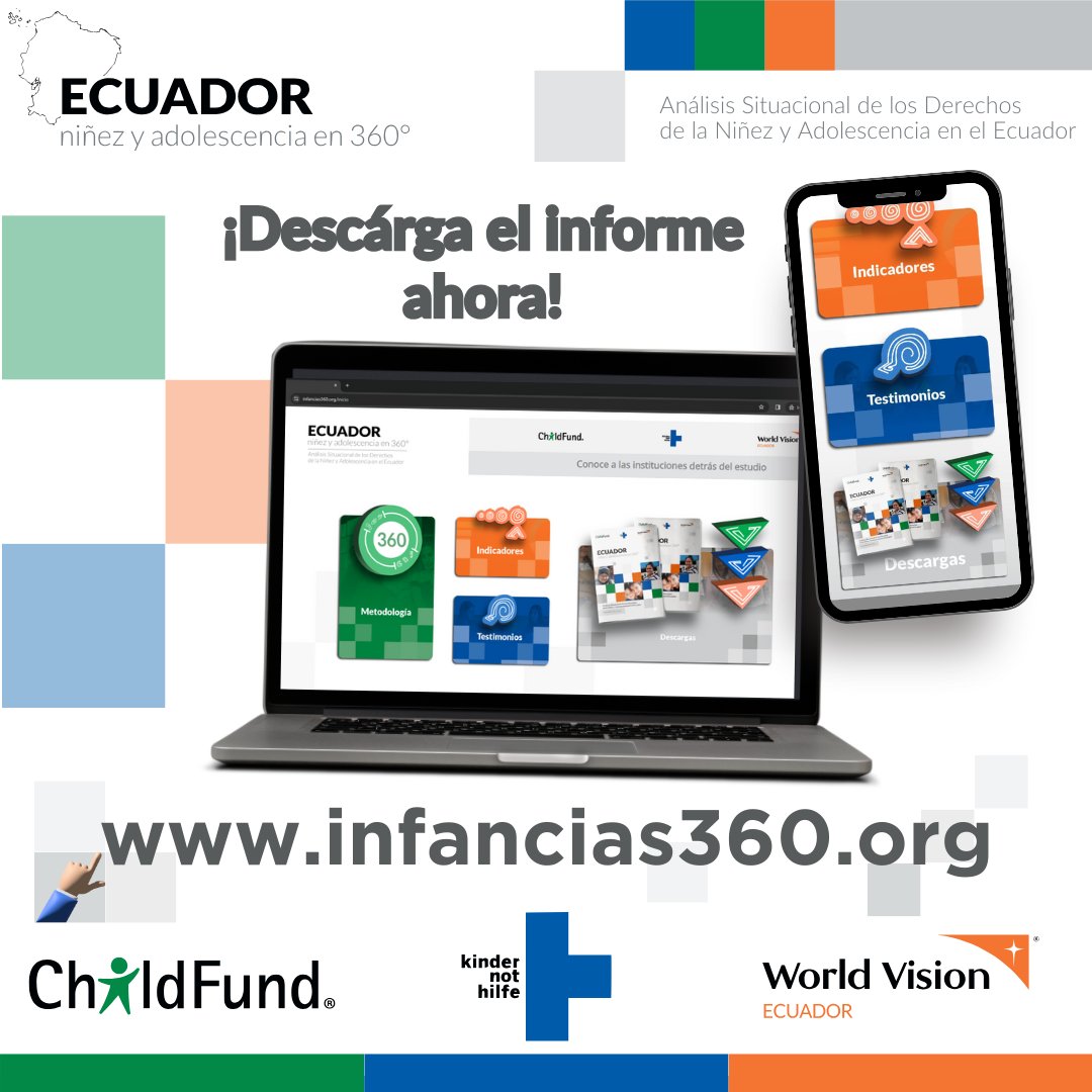 worldvisionec's tweet photo. Infancias360 I ¡Has visible lo invisible! 👀
Conoce el informe completo 📚 sobre la situación de los derechos de la niñez y adolescencia en Ecuador, y descubre los #DatosDeImpacto identificados en esta investigación.
Descárgalo aqui: https://t.co/9HxlwYrLtC. https://t.co/UyxDmPJ0e7