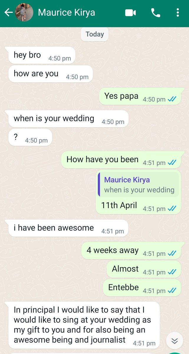 ♥️🙏 The best wedding gift ever 😍 @mauricekirya will be performing on my wedding ♥️ This is the msg 'In principal I would like to say that I would like to sing at your wedding as my gift to you and for also being an awesome being and journalist'... This is special