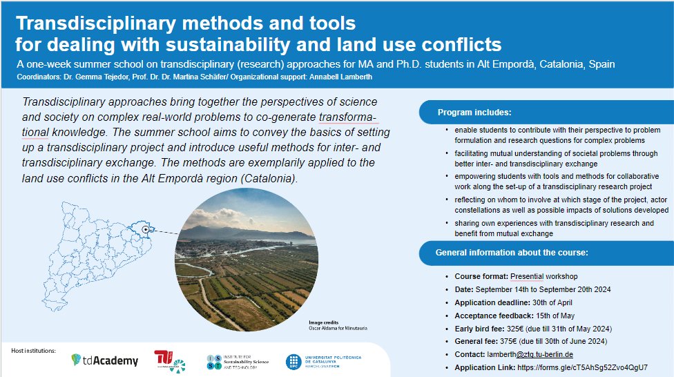 Sign up for our 3rd International Summer School on #transdisciplinarity methods & tools for dealing with #sustainability and land use conflicts in Spain! 🗓️14. - 20. Sept 24 Great opportunity for early-career researchers & students. Apply until 30.04 tinyurl.com/3z4ynckp