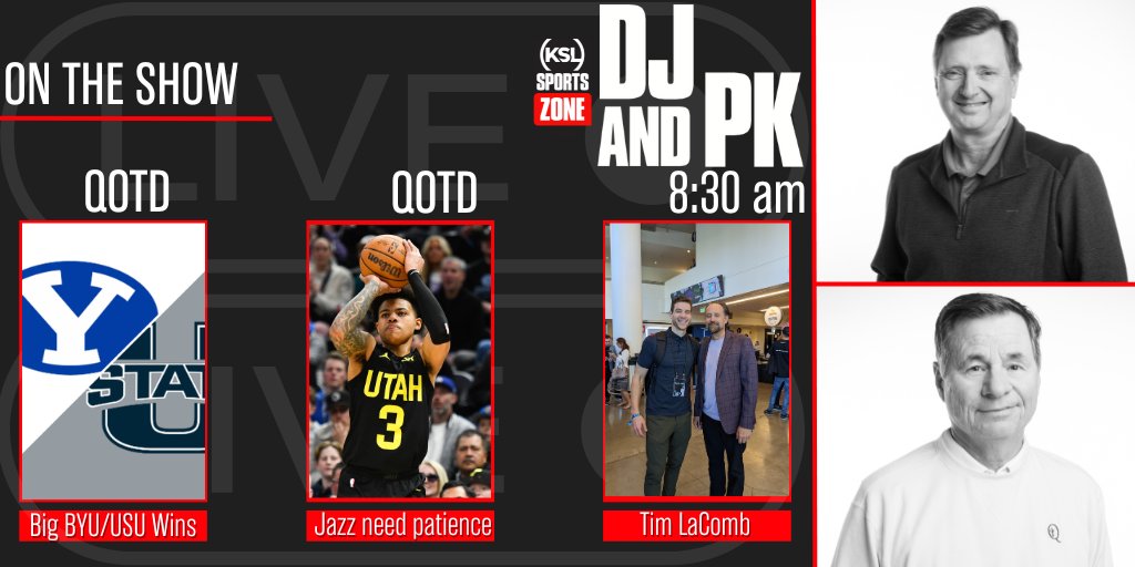 JacobCHatch's tweet image. Wednesday with DJ &amp;amp; PK on The @KSLSportsZone &amp;amp; streaming on the @kslsports app

@tlacomb joins us to talk about the #BYUhoops &amp;amp; #USUhoops wins as well as the @utahjazz 

What is Trending, Hot Takes or Toast, Question(s) of the Day &amp;amp; plenty more!

#TakeNote #Jazz50 #NBA #BYU