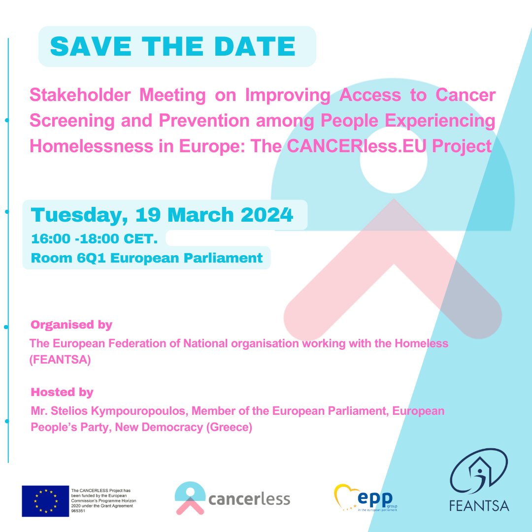 FEANTSA's tweet image. 📢 @FEANTSA in collaboration with MEP @Kympouropoulos organises a Stakeholder Meeting on  CANCERless.EU Project. 🔬 💊 💉

📍European Parliament 
📅Tuesday, March 19th , 16:00 – 18:00 CET, Room 6Q1.

Register here 👉 lnkd.in/edGhbAQC

Agenda coming soon⚠️