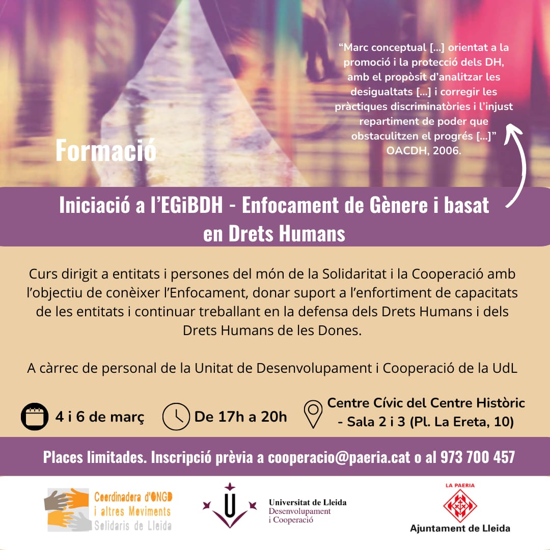 ✏️ Curs "Iniciació a l'Enfocament de Gènere i basat en Drets Humans", dirigit a entitats per aplicar-lo en projectes de defensa dels #DDHH.

🗓 4 i 6 de març
🕓 17h a 20h. 
📍 Centre Cívic del Centre Històric.

#EpTS