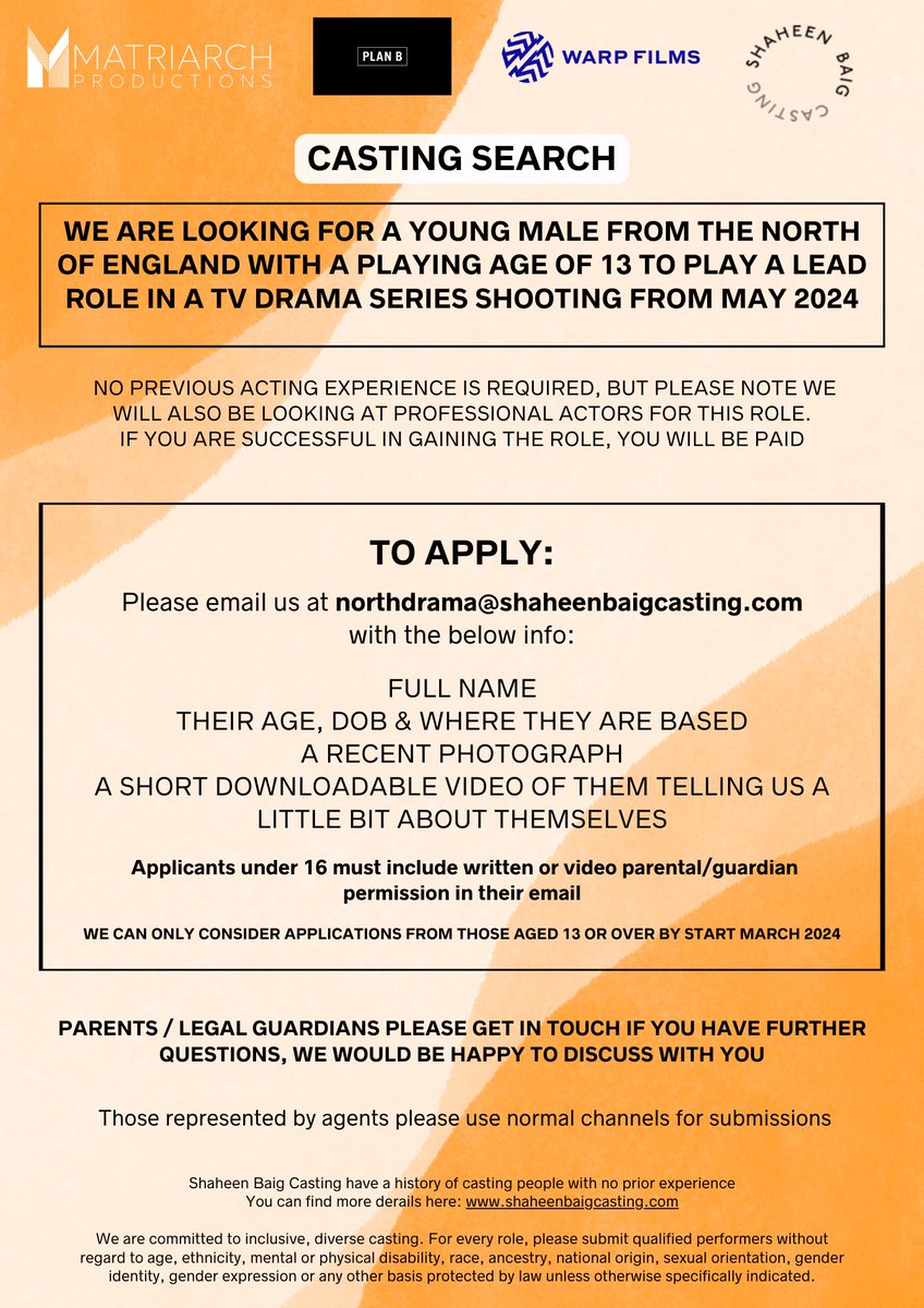 shaheen baig casting (@sbaigcasting) on Twitter photo <a href="/southleedshub/">SouthLeedsHub</a> Hi there - We’re looking for an extraordinary young male from the North of England to play a lead role in an original drama series.
Pls read flyer carefully and pls share. Thank you!
ALT Link: speechgen.io/en/speech/1524…
#casting <a href="/southleedshub/">SouthLeedsHub</a> Hi there - We’re looking for an extraordinary young male from the North of England to play a lead role in an original drama series.
Pls read flyer carefully and pls share. Thank you!
ALT Link: speechgen.io/en/speech/1524…
#casting