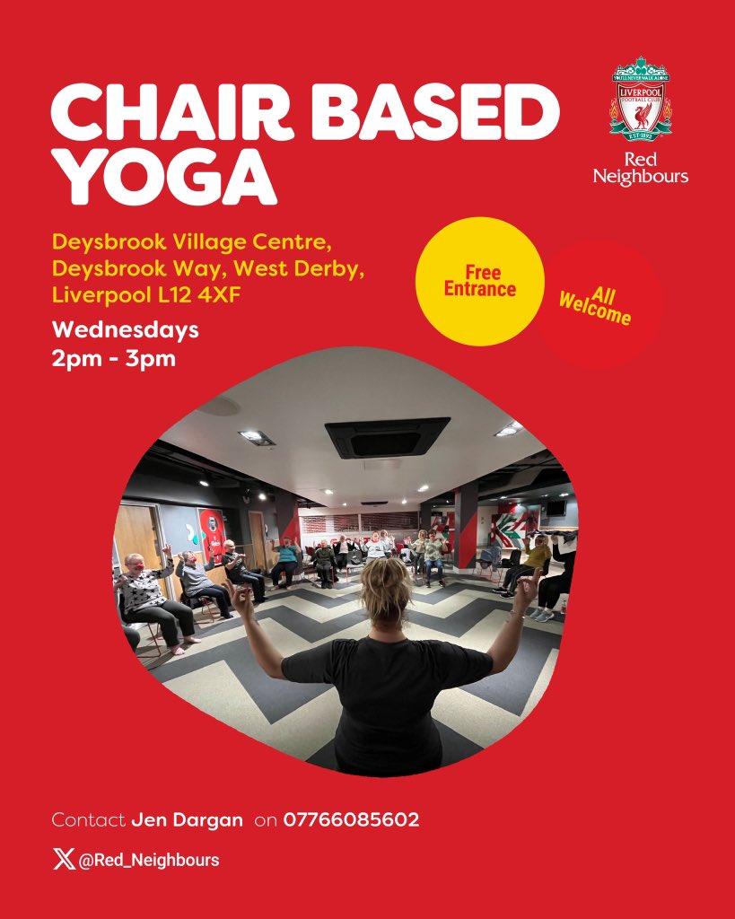 Red_Neighbours's tweet photo. We have a brand new session of #ChairBasedYoga with the wonderful @MrsEmmaDalton at @Deysbrook2. We are thrilled to add you to the #RedNeighbours family ♥️

#LFC #Community #Melwood https://t.co/CrLkbHtczB