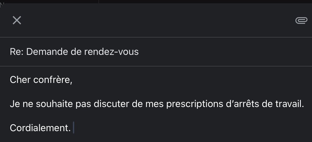 MahlerNord's tweet photo. Un médecin-conseil me demande un rendez-vous téléphonique pour discuter de mes arrêts de travail. 
Je lui donne donc une réponse longue et détaillée sur le pourquoi de mon refus. C’est beau. https://t.co/IuI5nSkWOP