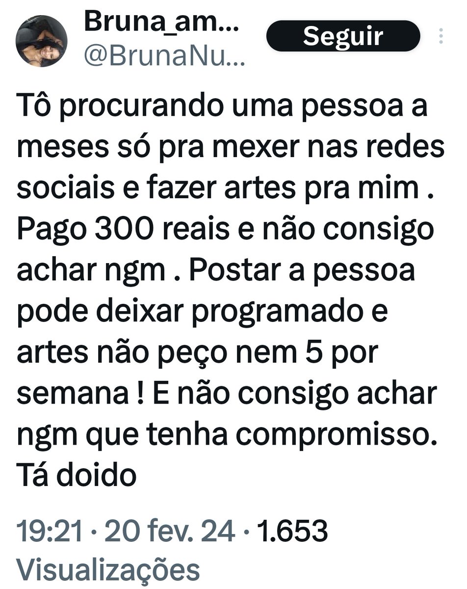 @BrunaNu56521642 <a href="/deboralealrosa_/">Gringa</a> Vc tá querendo um desesperado por trabalho pra fazer artes - nem definiu quantas, mas se for 5 semanais é de rir muito mesmo -  E cuidar de redeS pra vc por 300 conto e tá achando ruim com ela?? Valoriza o trabalho alheio, mona. Se fosse fácil vc não tava procurando profissional