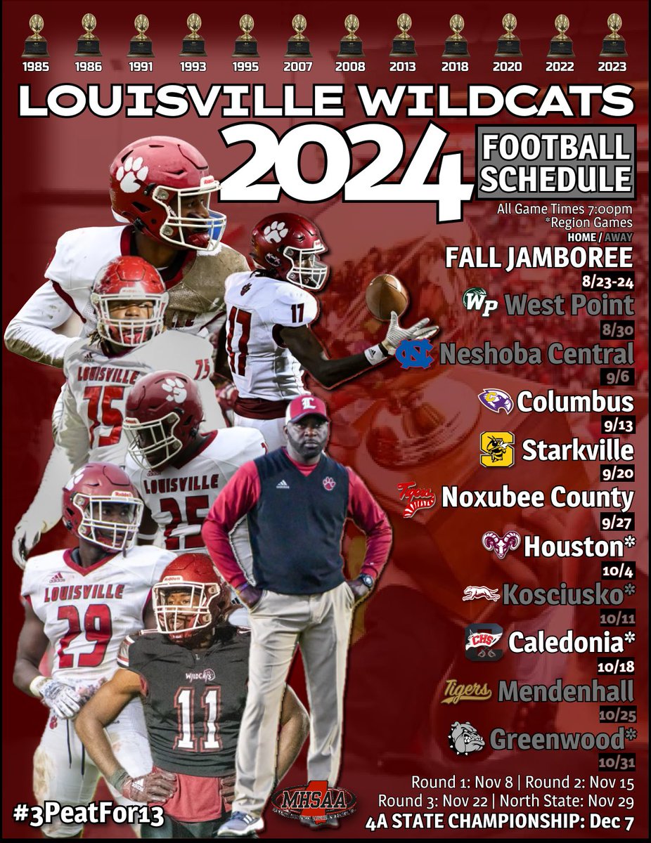 Mark your calendars 🗓️

Official 2024 Football Schedule 🏈

Can’t wait to see everybody in R.E. Hinze Stadium this fall to watch your Wildcats compete! #3peatfor13 🏆

‼️ This is the new official LHS Football page, please share, repost, and follow for all news within the program
