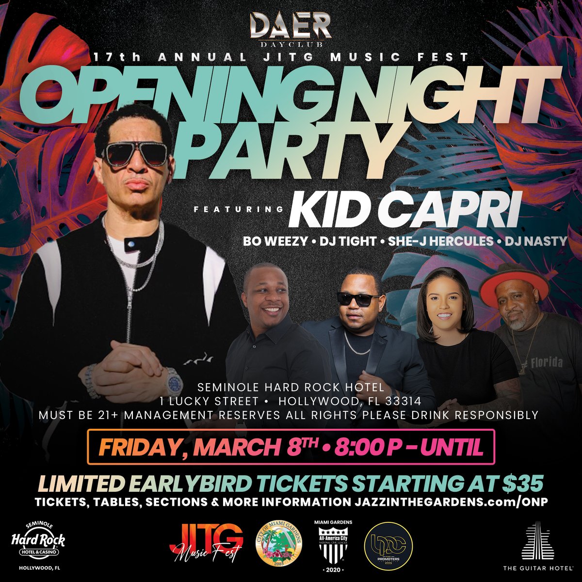 🎉 Start #JITG2024 at the Opening Night Party at Daer Nightclub! 🔥 Kid Capri & Miami Gardens' top DJs are ready to turn it up! 🎧✨ Don't miss the ultimate kickoff. Get your tickets & join the celebration! 🎟️ #JITG #JITGMusicFest #DaerNightclub