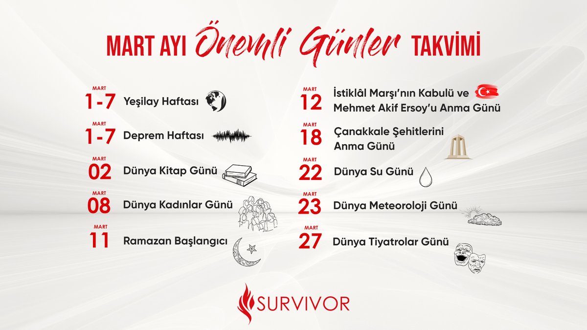 SurvivorDijital's tweet photo. Dikkat! 
 Markanız için Mart'ta değerlendirebileceğiniz pek çok özel gün ve kampanya fırsatı mevcut.
🚀 Bu özel günleri takviminize ekleyerek markanızı öne çıkarabilir ve unutulmaz kampanyalar oluşturabilirsiniz. 💼
Şimdi indirin: 🔗 https://t.co/P8tgZUl7x2

#dijitalpazarlama https://t.co/h9fRj8AcuQ