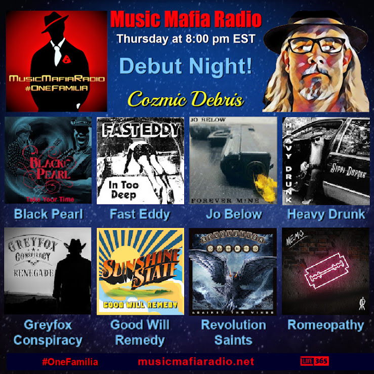 💥Tonight at 8pm EST ~ Live ~ Debut Night! 🎉
@DebrisCozmic introduces artists into the rotation!
@BlackPearlUk @marcus_malone_ 
#FastEddyDenver
@jobelowband 
#HeavyDrunk
#GreyfoxConspiracy
@GoodWillRemedy 
@RevoSaintsPage 
@Romeopathy_ 
🎧▶️ musicmafiaradio.net