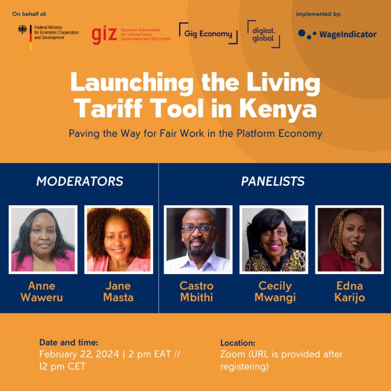 This webinar, organized by @WageIndicator and @giz_gmbh, aims to address the challenges faced by platform workers in Kenya. We would be honored to have you join us and share your valuable insights. Please register. Registration link: wageindicator.org/about/events/2…