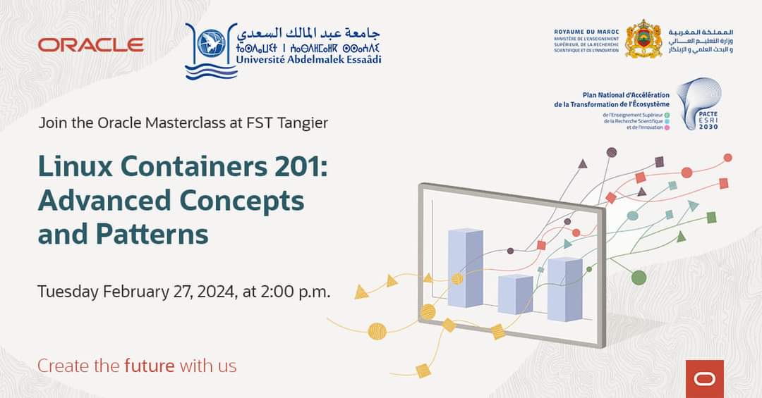 En collaboration avec ORACLE, l'UAE organise une Masterclass sous le thème : " Linux Containers 201 : Advanced Concepts and Patterns ", prévue pour le 27 février 2024 à la FST Tanger.
Inscription via le lien suivant :  docs.google.com/forms/d/1CYxp0…