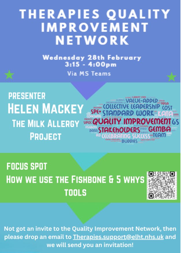 One week to go until the Therapies QI Network! This month's presenter is Helen Mackey presenting The Milk Allergy Project & the focus spot is: How we use the Fishbone & 5 whys tools. We look forward to seeing you there!  Please come along, you may learn something new! ✨😊