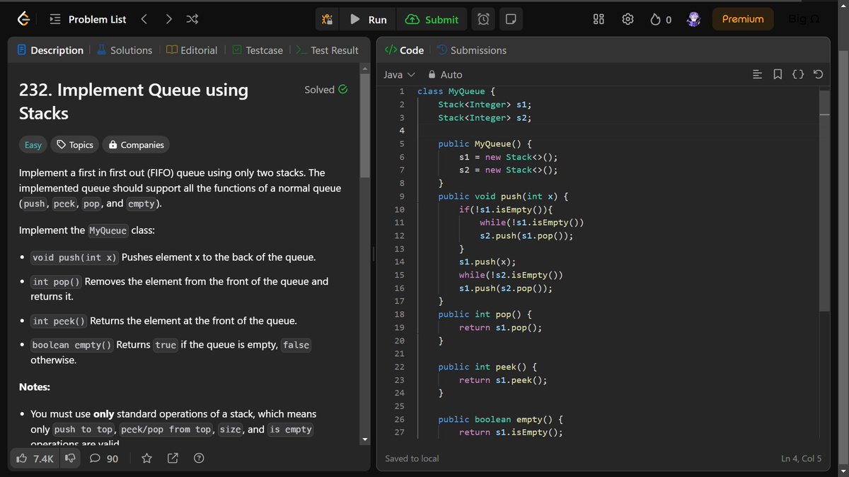 nehathecoder's tweet image. Day 1 of #100DaysOfCode
🌟DSA :
✅ Implement Queue using Stacks
✅ Find First and Last Position of Element in Sorted Array
✅ Max Area of Island
#code #dsa