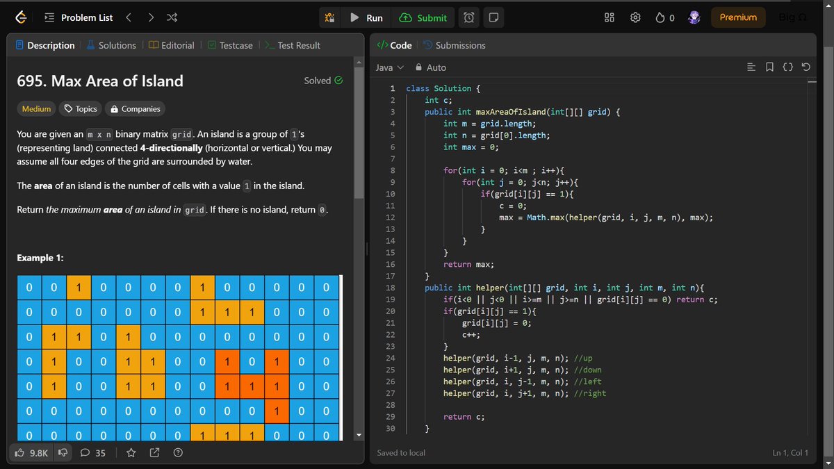 nehathecoder's tweet image. Day 1 of #100DaysOfCode
🌟DSA :
✅ Implement Queue using Stacks
✅ Find First and Last Position of Element in Sorted Array
✅ Max Area of Island
#code #dsa