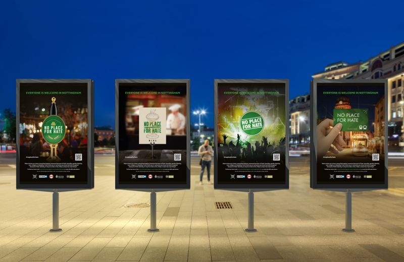 DesignIncUK's tweet image. No Place for Hate: Nottinghamshire BID in association with Nottingham Police approached us to devise a print, OOH &amp;amp; social media anti-hate crime campaign for their city. 
Discover more about this campaign here: lnkd.in/dRhpSqe
---
#advertisingcampaign #saynotohate