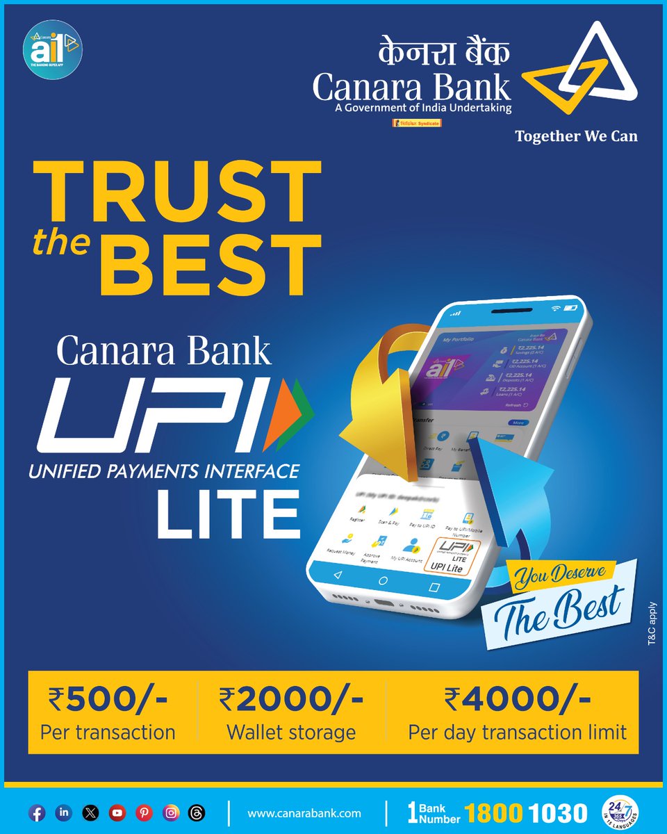 canarabank's tweet image. Make small payments a breeze with Canara UPI LITE! Enjoy quick, secure, and convenient transactions right from your mobile device using our ai1 app. Download the app now!

Playstore: play.google.com/store/apps/det…

App Store: apps.apple.com/in/app/canara-…

#CanaraBank #ai1app #UPILITE