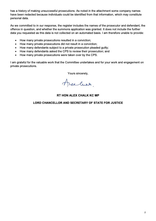 Following the #PostOfficeHorizon scandal, we have asked the Government @MoJGovUK to establish a register of private prosecutions. The Lord Chancellor @AlexChalkChelt recently provided some information from the register which was established in 2022 👇 committees.parliament.uk/publications/4…