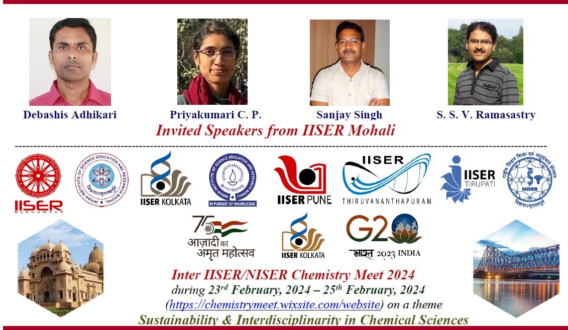 Thrilled to announce that distinguished speakers Debashis Adhikari, Priyakumari C.P., Sanjay Singh, & S.S.V. Ramasastry from IISER Mohali will be sharing their expertise at IINCM 2024. Join us for this stimulating event! @IiserMohali @dcsiiserkol chemistrymeet.wixsite.com/website