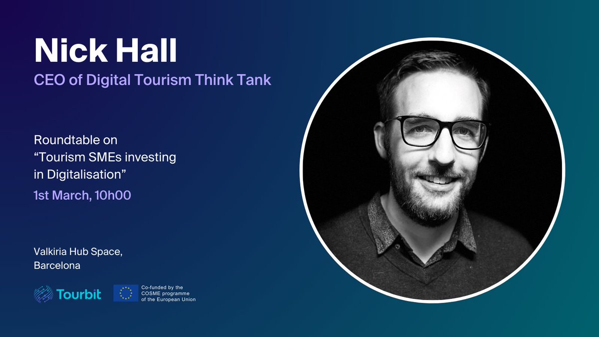 Tourbit_EU's tweet image. 🟣 #TourbitFinalConference | Join Nick Hall, founder and CEO of the @think_tourism, one of our featured speakers in Barcelona on 1 March.

His 20+ years of experience will illuminate the &quot;Tourism SMEs investing in Digitalisation&quot; roundtable.

➕ bit.ly/3S00rKX