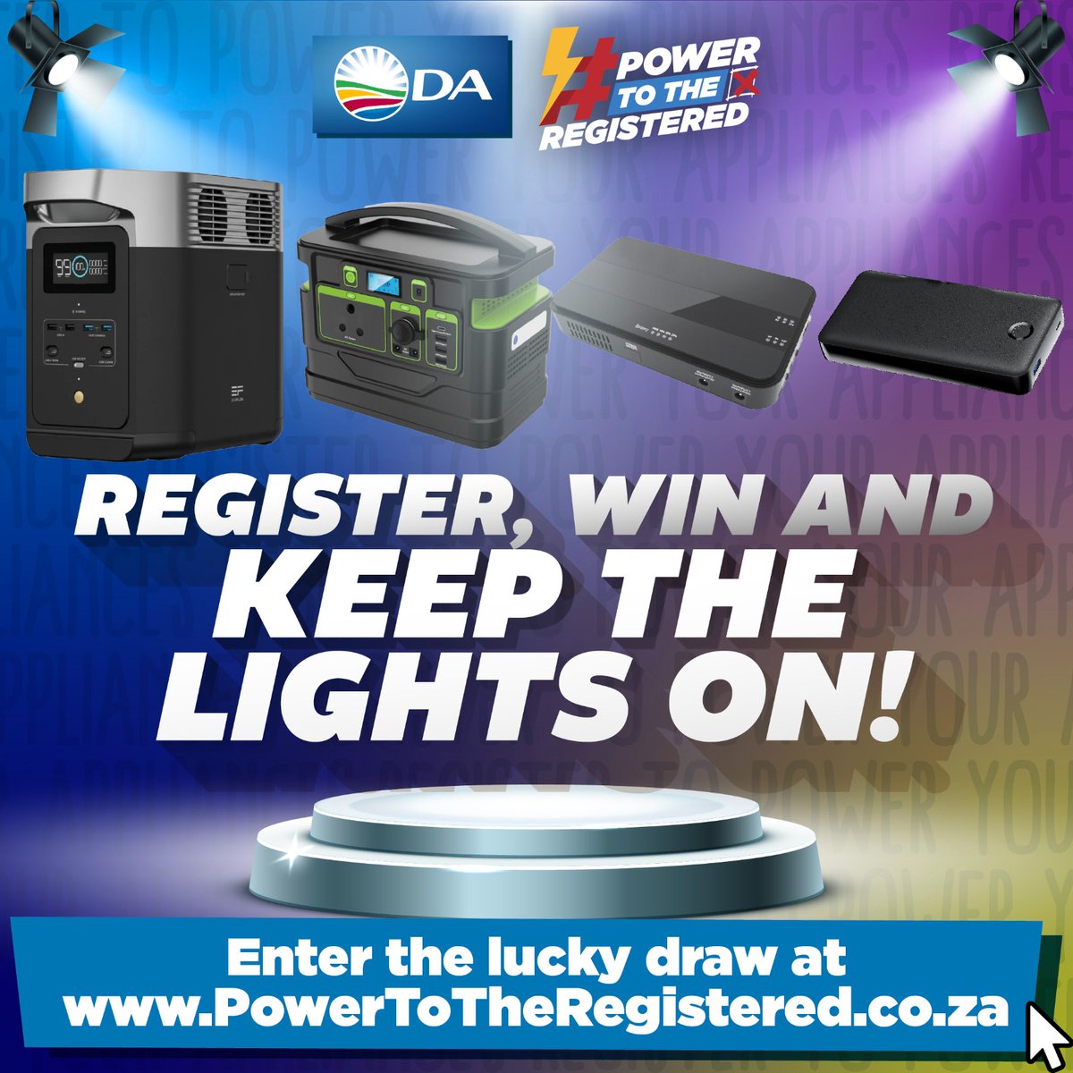 ⏰ Still not registered? Time's ticking!

Be the change and help #RescueSA. Register to vote now and enter our #PowerToTheRegistered competition for a chance to win fantastic prizes like inverters and power banks!

Visit PowerToTheRegistered.co.za to enter.

#RegisterToVoteDA