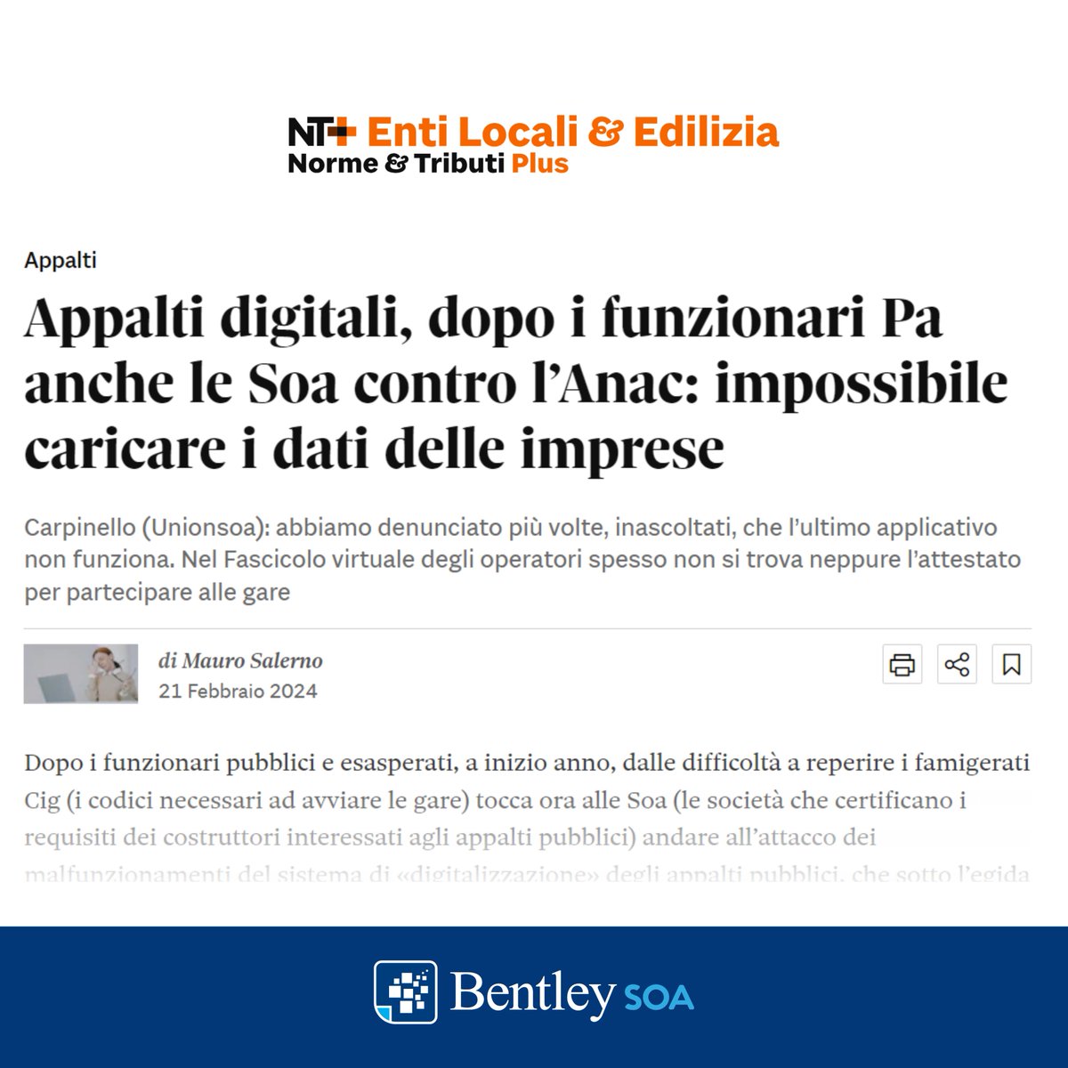 <a href="/carpinelloTitty/">Tiziana Carpinello</a> - Presidente #BentleySOA - nell'intervista con Mauro Salerno per Norme&amp;Tributi Plus, <a href="/sole24ore/">IlSole24ORE</a>, in cui si discute delle tante criticità riscontrate durante la migrazione definita all'applicativo informatico.

Articolo completo ▶️ …lusentilocaliedilizia.ilsole24ore.com/art/appalti-di…