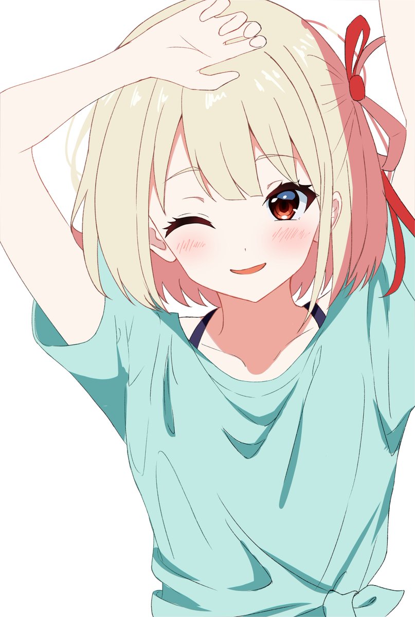 nishikigi chisato 1girl one eye closed solo blonde hair shirt red eyes hair ribbon  illustration images