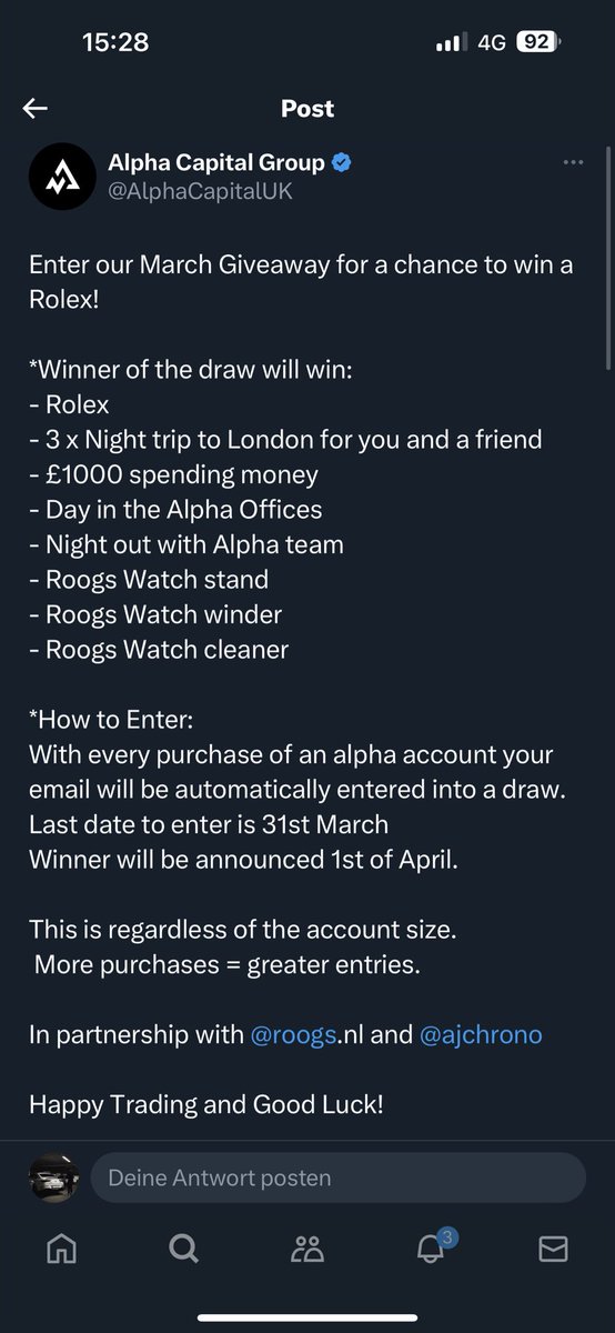 Greckothe1's tweet photo. BIG GIVEAWAY 🚨💸💰

ROLEX + 1000$ and MORE !!! 
with @AlphaCapitalUK  😳👏🏼👏🏼

—— HOW TO JOIN ? —— 

1. retweet this 

2. buy as many challenges as you want 
(one buy = 1 ticket)  

the more you buy, the higher your chance to win !!

3. buy with my link below 👇🏽👇🏽

https://t.co/USf67mmuMC

————————
GOOOOODDD LUCKKKK 🔥🔥🔥