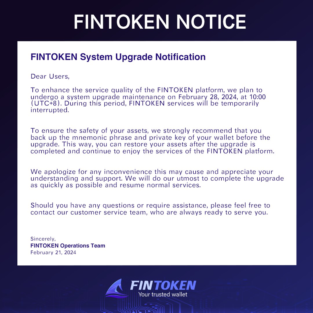 🌀 Important Update🌀
FINTOKEN System Upgrade Notification

Discord: discord.gg/fintoken
Wallet Download: fintoken.pro

#maintenance #wallet #web3