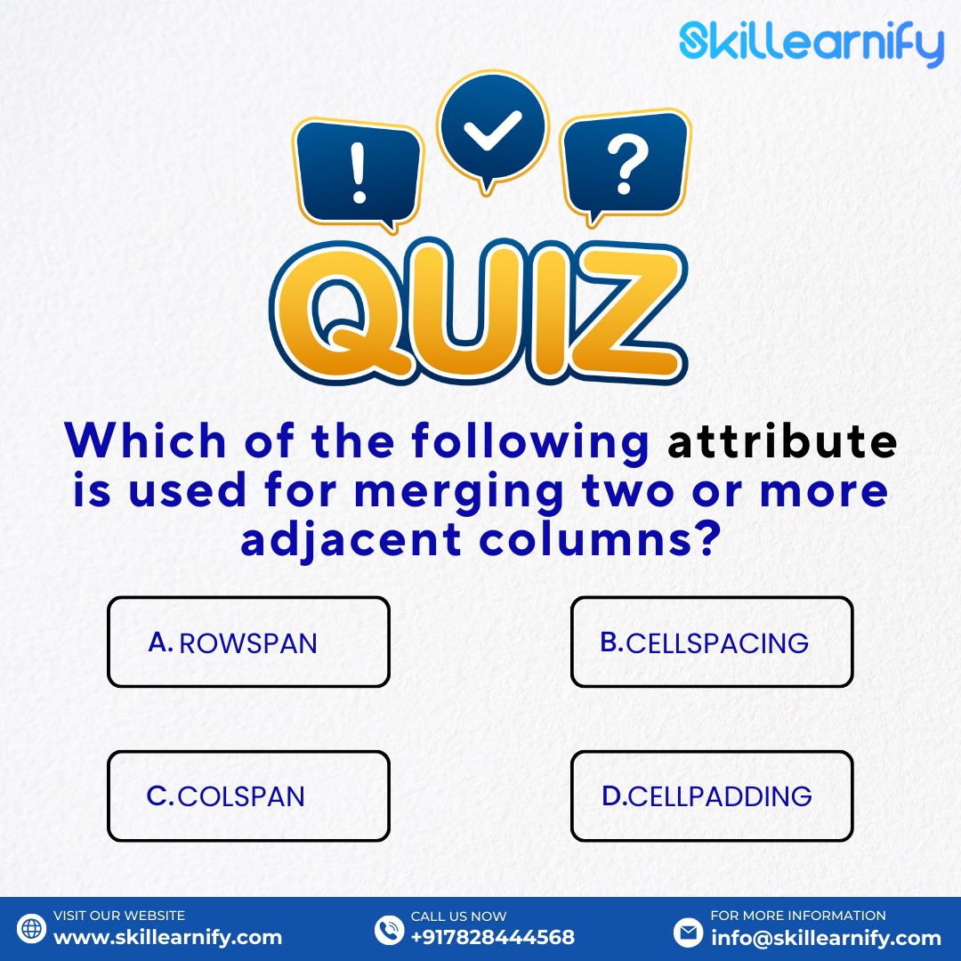 Skillearnify's tweet image. Unlock the answer and level up your skills!💡
Contact Us: +917828444568
Email us for more information: info@skillearnify.com
Visit Us: skillearnify.com
#WebDevelopmentQuiz #CodingChallenge #TechQuiz #ProgrammingPuzzle #CodeQuiz
#skillearnify