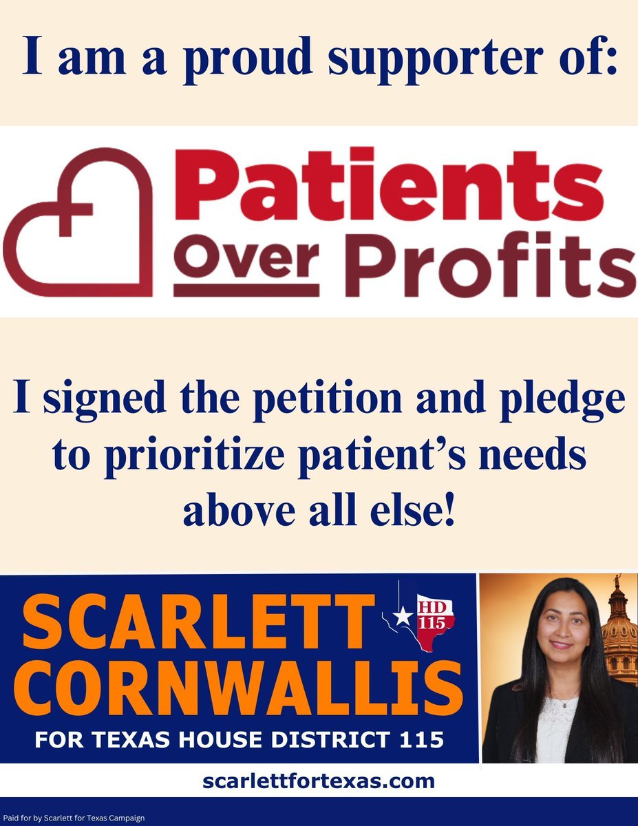 I've witnessed the devastating impact of prioritizing profits over affordable healthcare and it's time for a change! That is why I proudly support the 'Patients Over Profits' petition and pledge to prioritize patients' needs above all else! #PatientsOverProfits #HD115 #txlege