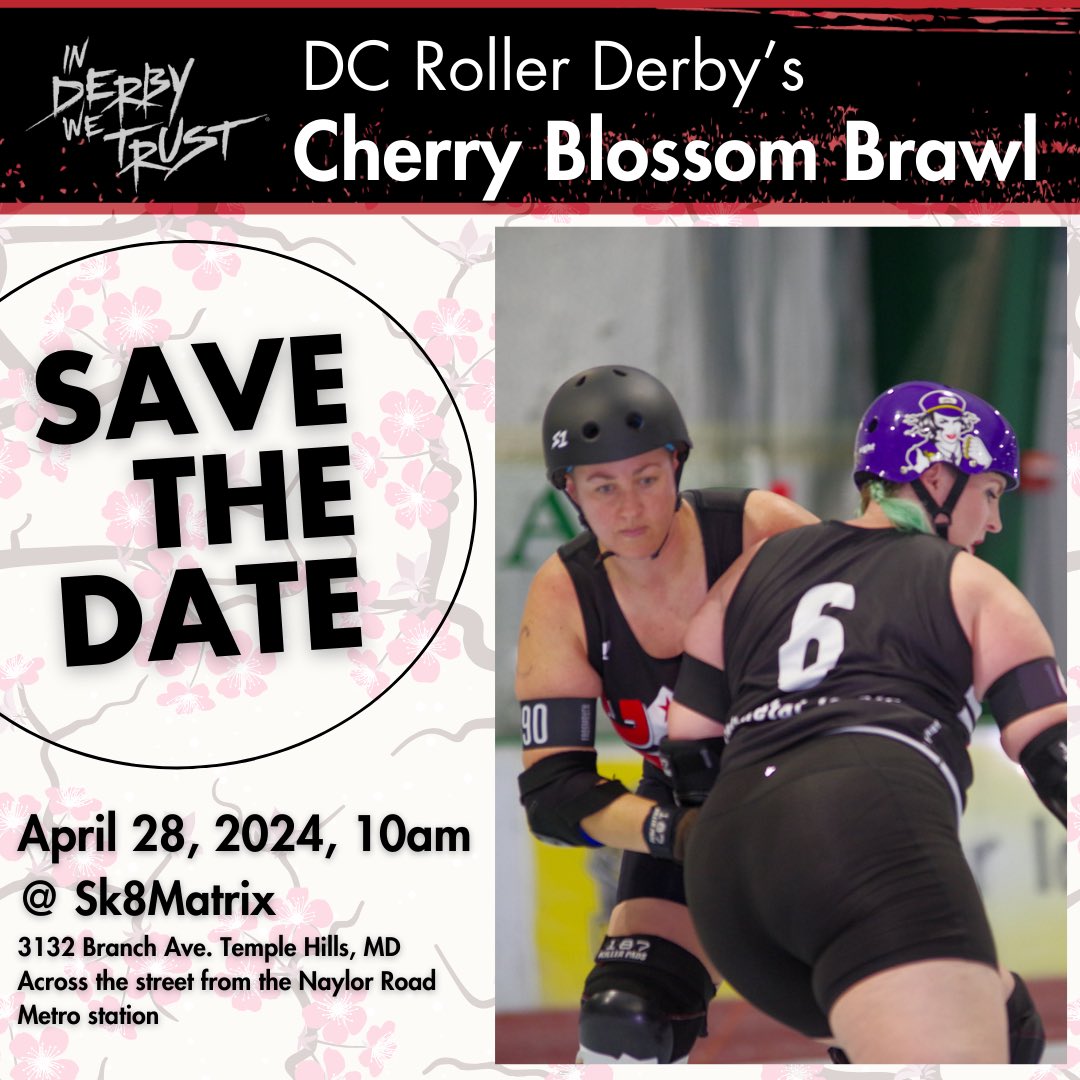 You’re invited to our Cherry Blossom Brawl open scrimmage on April 28 at @sk8matrix! Skaters, info on how to sign up is coming soon. Spectators, we look forward to seeing you! Stay tuned for more info! #dcrollerderby #DCRD #InDerbyWeTrust® #rollerderby #sk8matrix