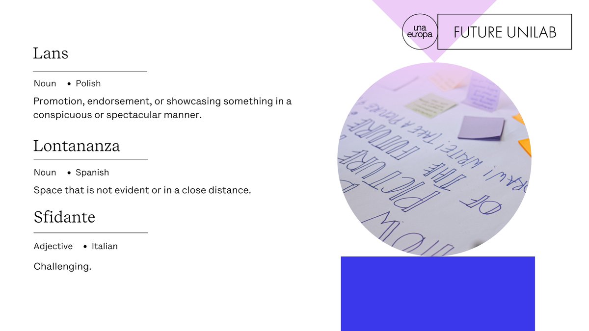 Future_UniLab's tweet photo. International Mother Language Day!🎉

We asked the @Future_UniLab #SteeringCommittee to write a word in their #nativelanguage about the think-tank. Here is our little dictionary📔💡

Would you add any other word?🤔📝

#IMLD #WeAreUnaEuropa https://t.co/5yJf9fVLH7
