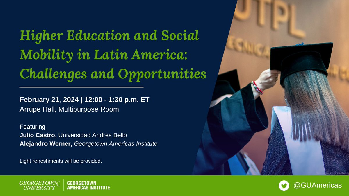 Today we host Julio Castro of Universidad Andrés Bello in Chile (<a href="/uandresbello/">U. Andrés Bello</a>)  for a conversation on the relationship between higher education and social mobility in Latin America.

More info: americas.georgetown.edu/events/higher-…