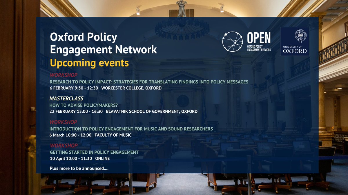 Are you looking to increase your capacity and skills for policy engagement? Want to hear from academics who have successfully had policy impact? Check out our calendar of events and workshops. New events added each term ox.ac.uk/research/using…