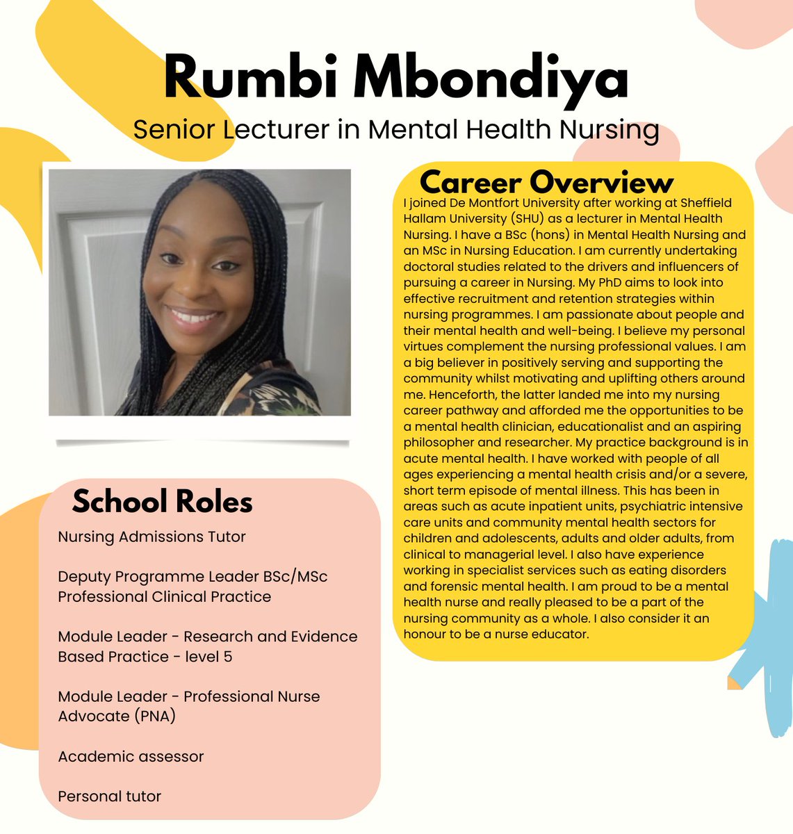 Meet Rumbi! Rumbi is one of our Senior Lecturers in Mental Health Nursing. She has extensive experience within nursing and is currently undertaking a PhD also! We are very lucky to have Rumbi in our division and our students learn a lot from Rumbi!