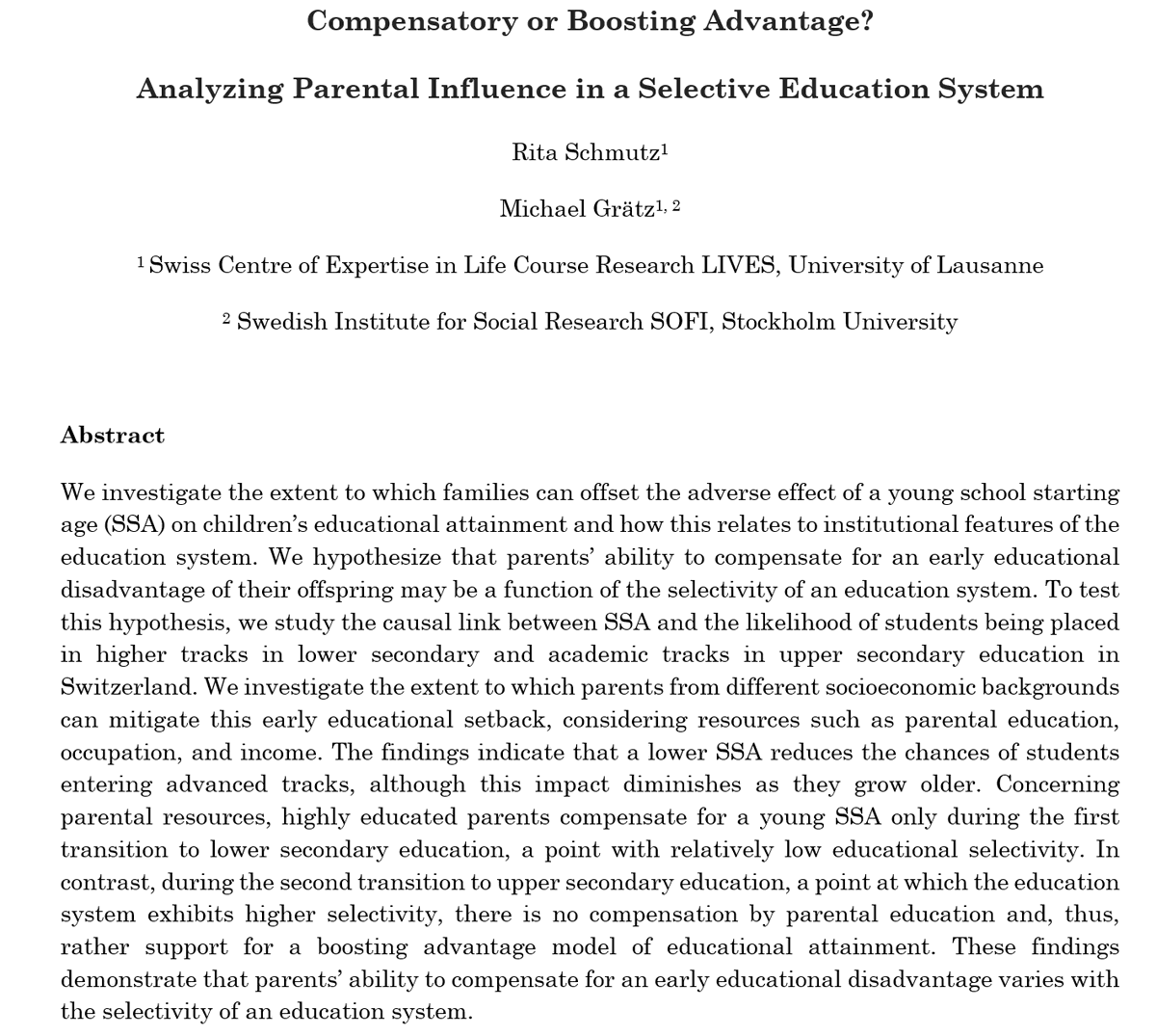 How does the selectivity of an education system affect parents' ability to compensate for educational disadvantage?

We show that highly educated parents offset early disadvantages in less selective transitions but not in more selective ones. 

➡️osf.io/preprints/soca…