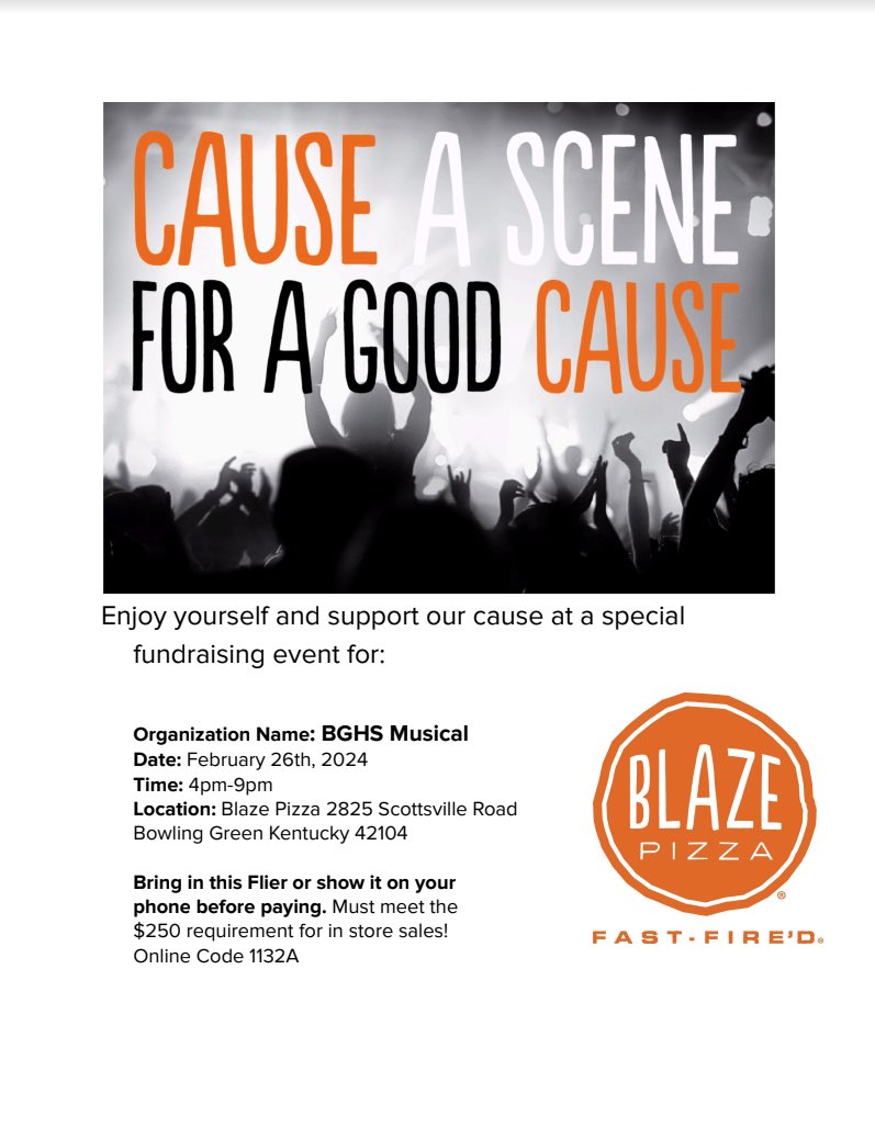 Monday dinner plans ✅ We would love to have your support this coming Monday from 4-9 at our fundraiser spirit night at Blaze Pizza! Make sure to mention BGHS Musical or use the code 1132A if ordering online! ❤️‍🔥🍕🎶